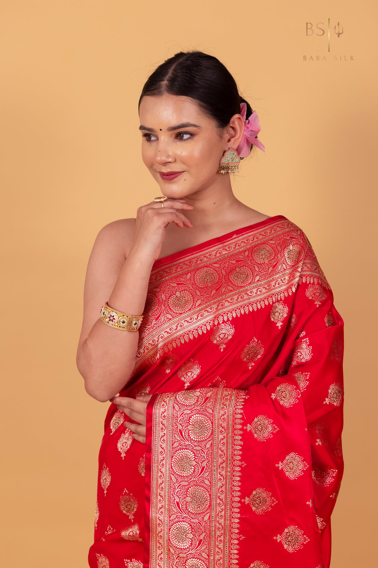 Pink Orange Jaal with swarovski Banarasi Silk Saree
