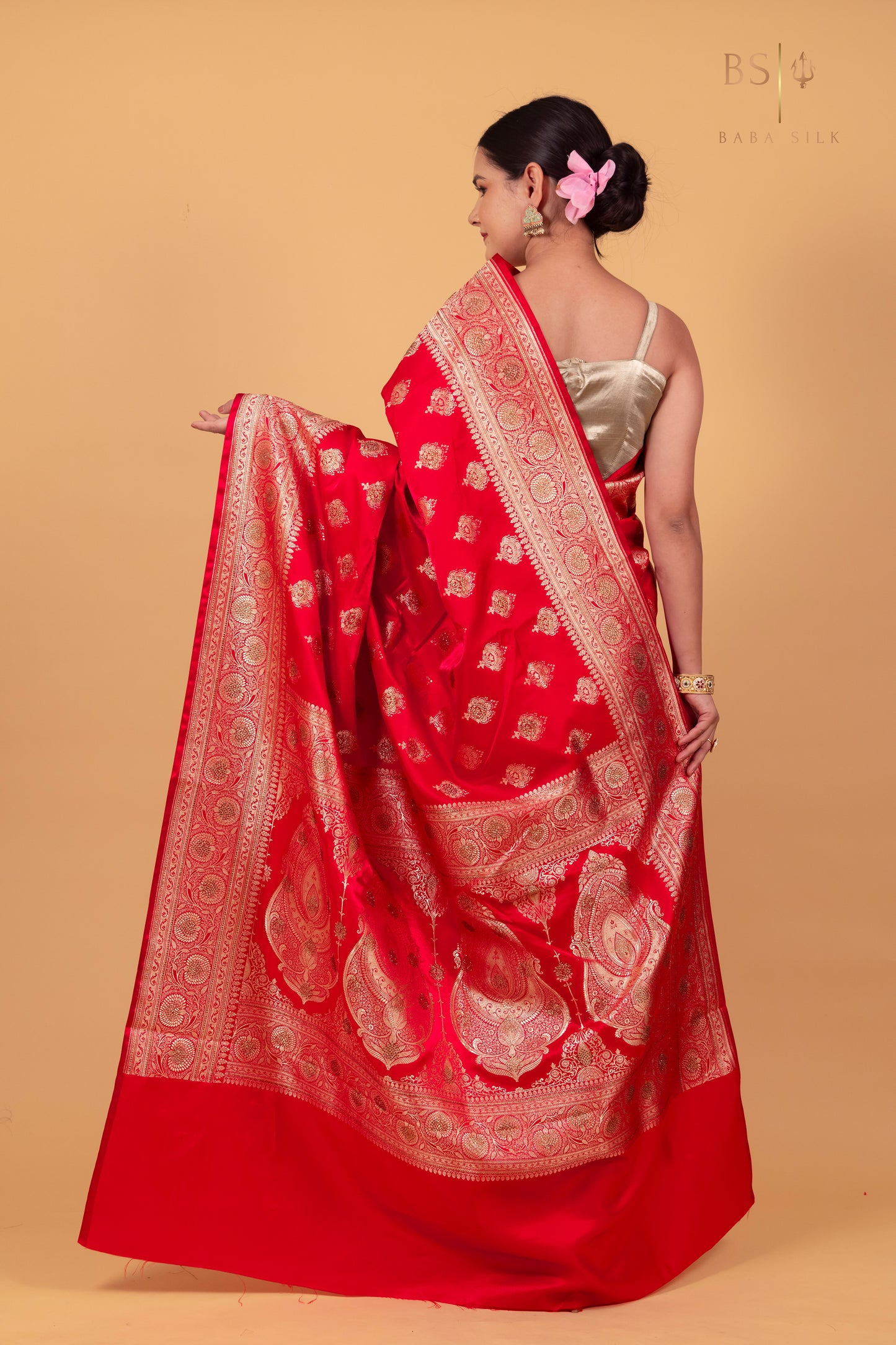 Pink Orange Jaal with swarovski Banarasi Silk Saree