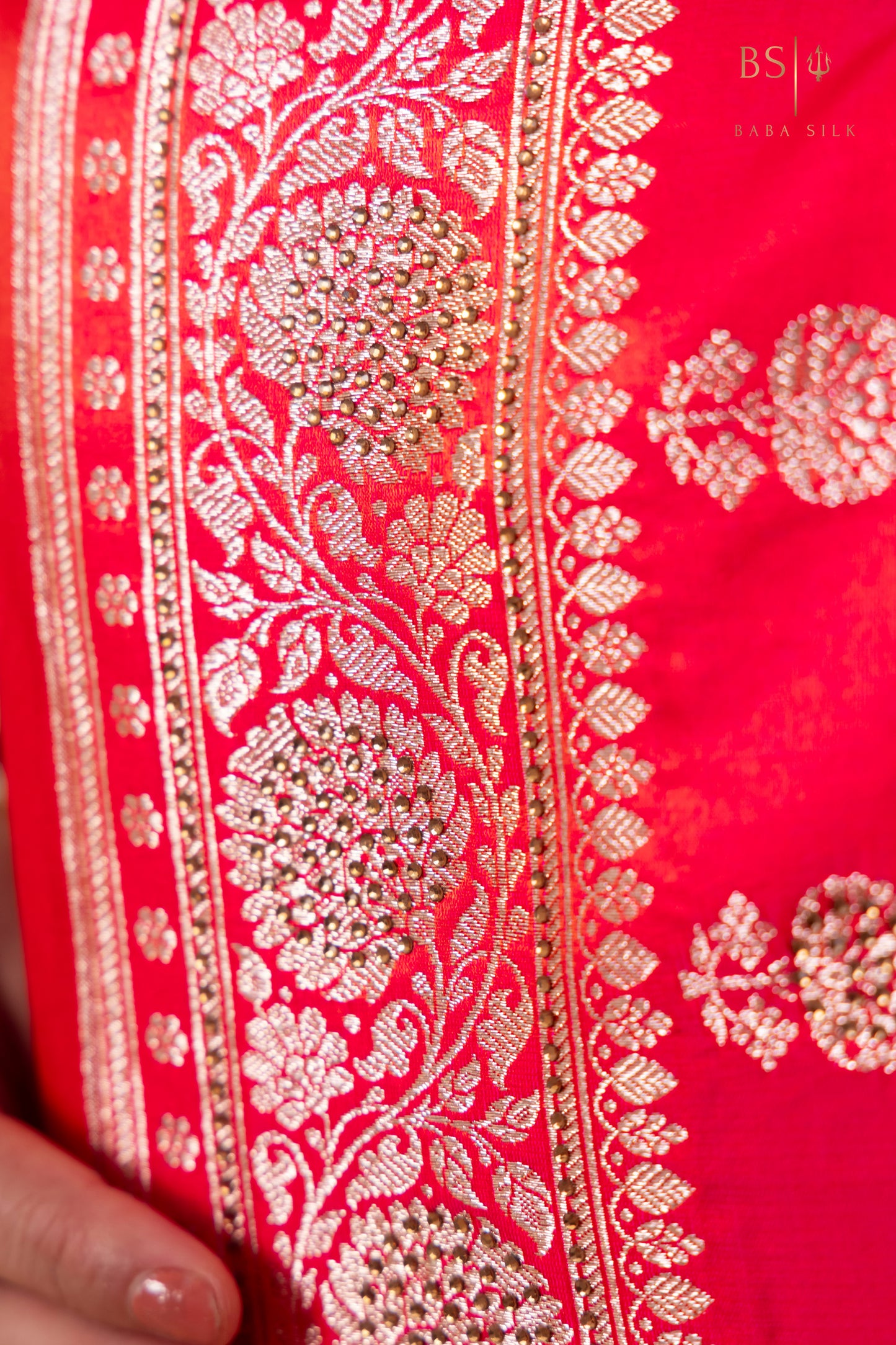 Pink Orange Booti with swarovski Banarasi Silk Saree