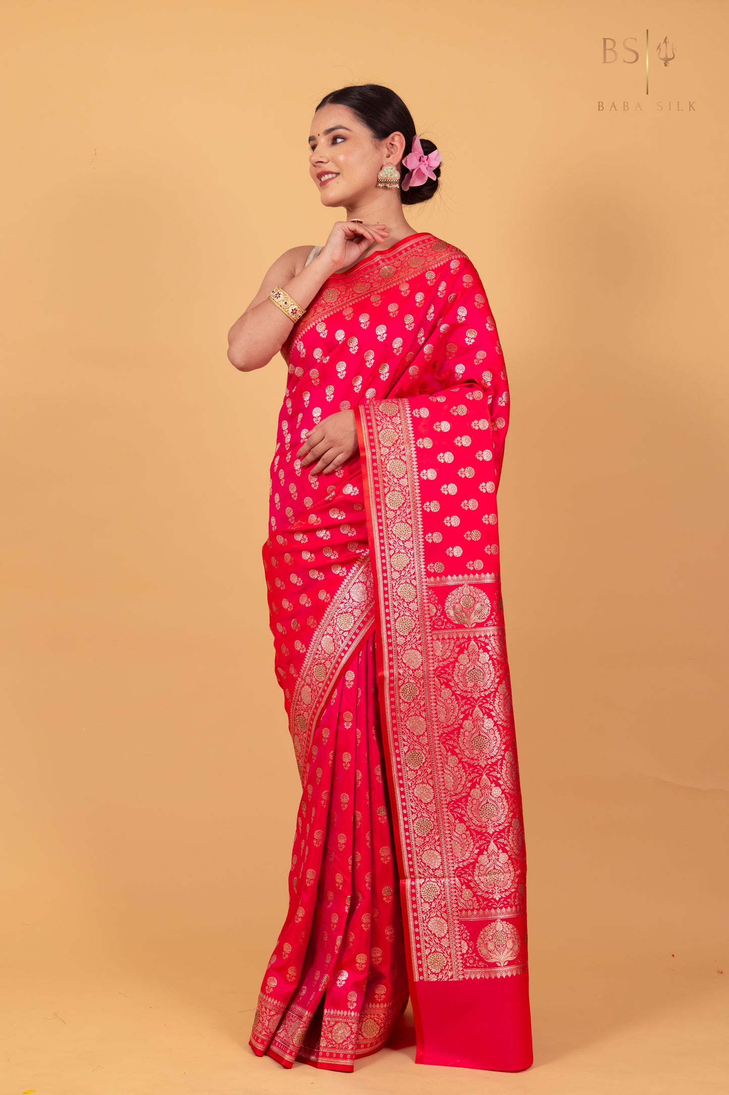 Pink Orange Booti with swarovski Banarasi Silk Saree