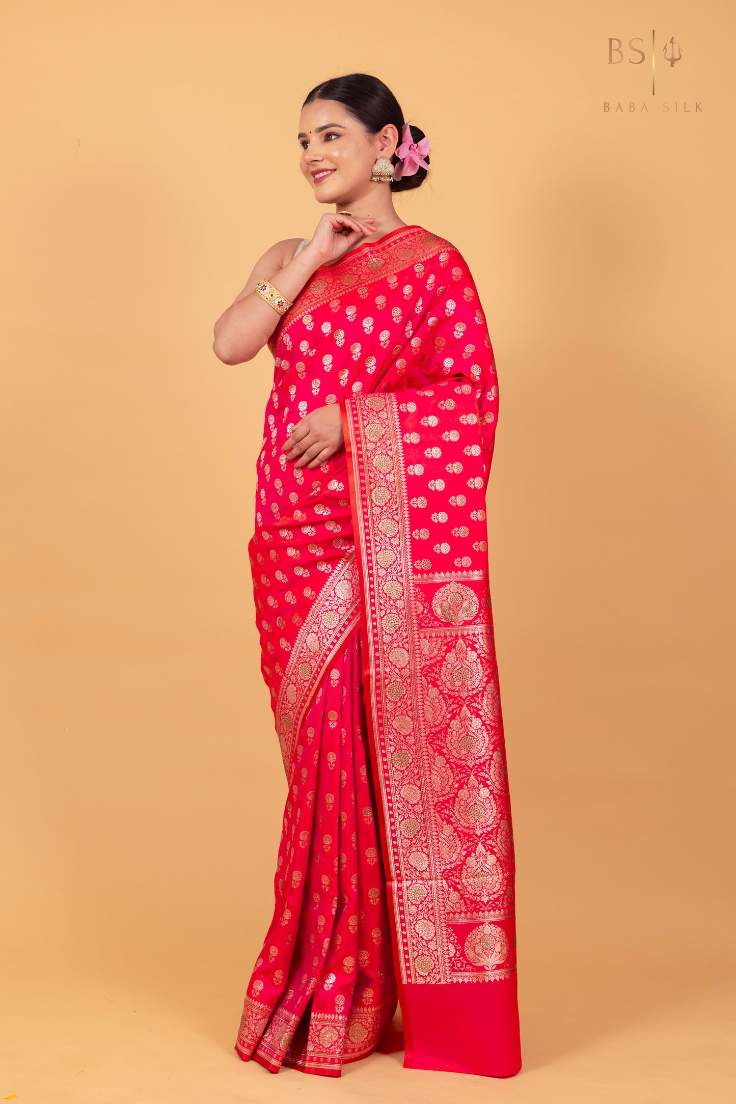 Pink Orange Booti with swarovski Banarasi Silk Saree