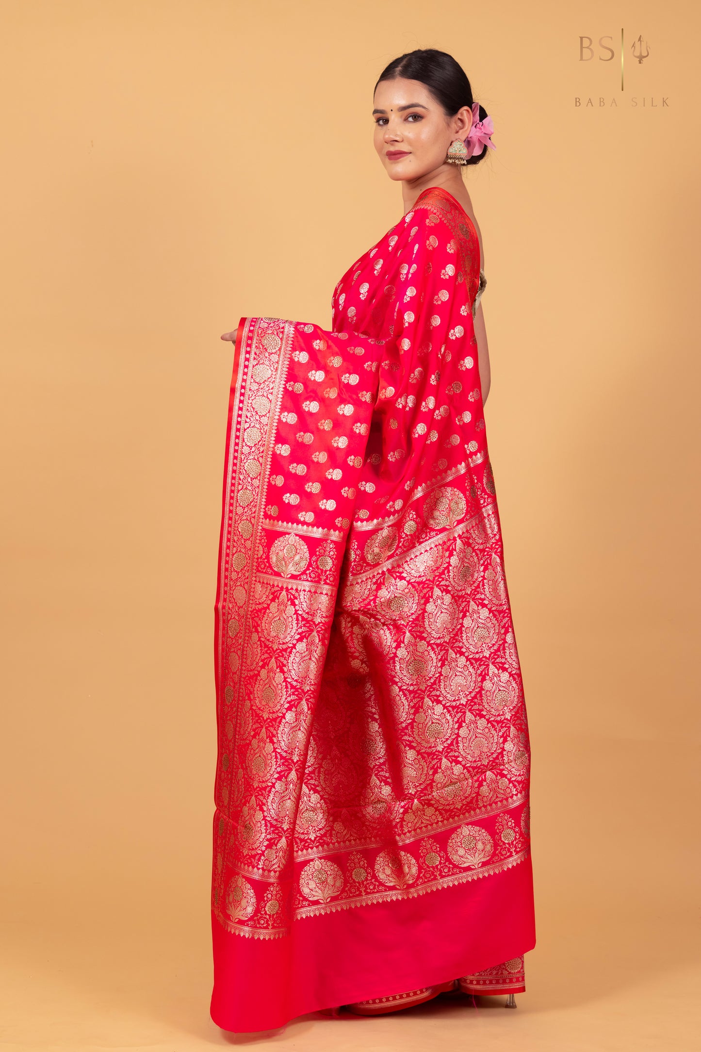 Pink Orange Booti with swarovski Banarasi Silk Saree