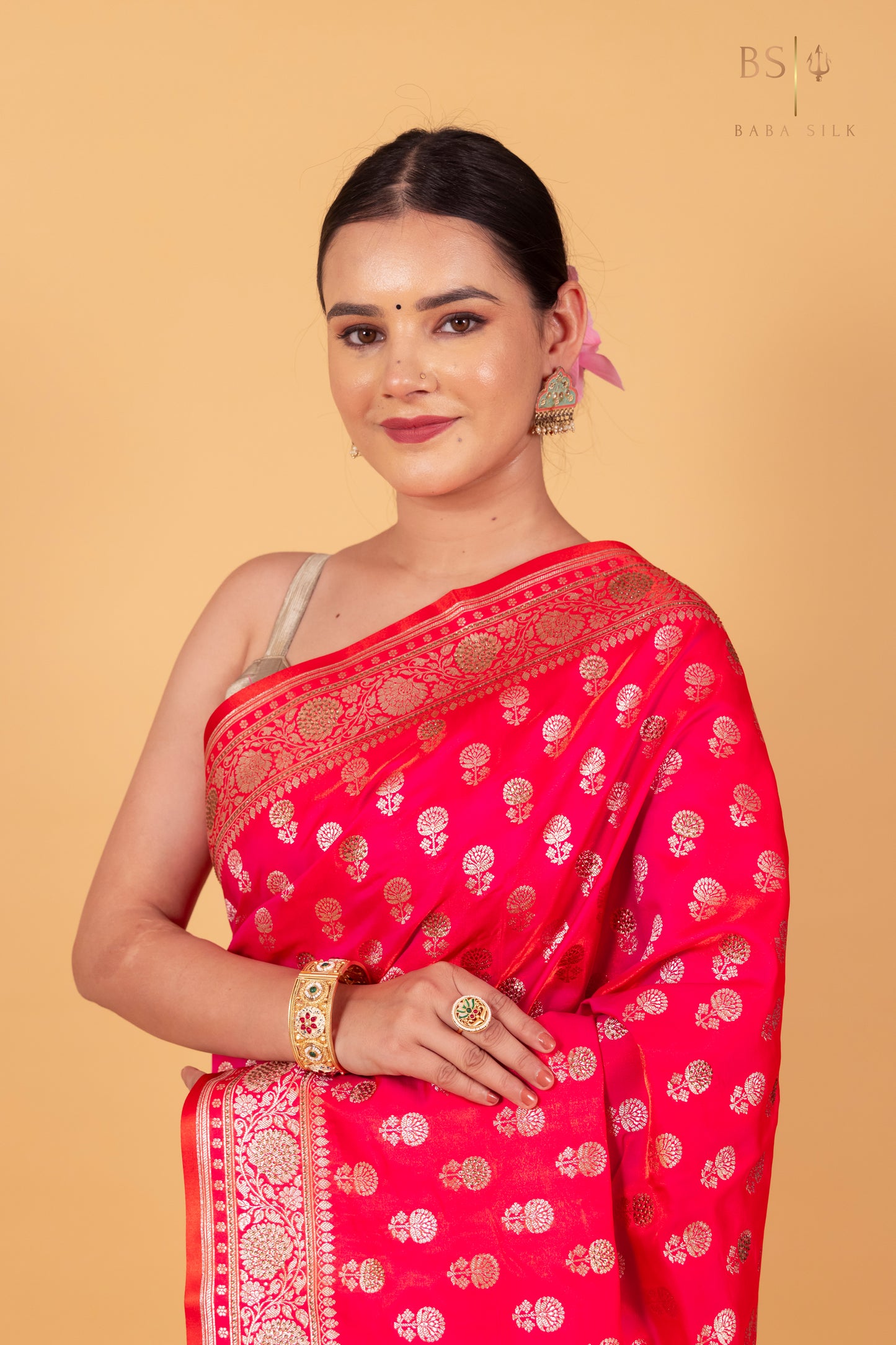 Pink Orange Booti with swarovski Banarasi Silk Saree