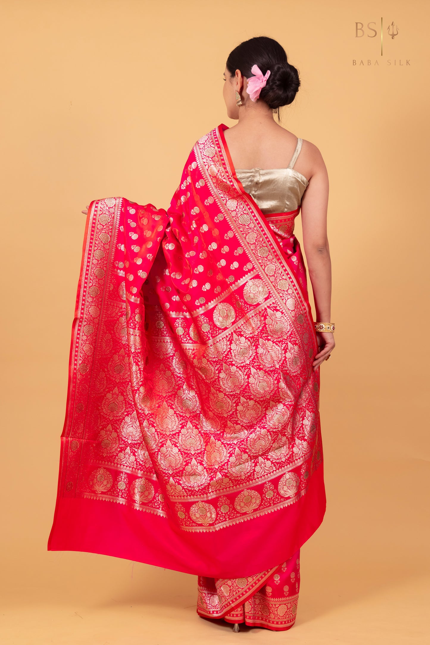 Pink Orange Booti with swarovski Banarasi Silk Saree
