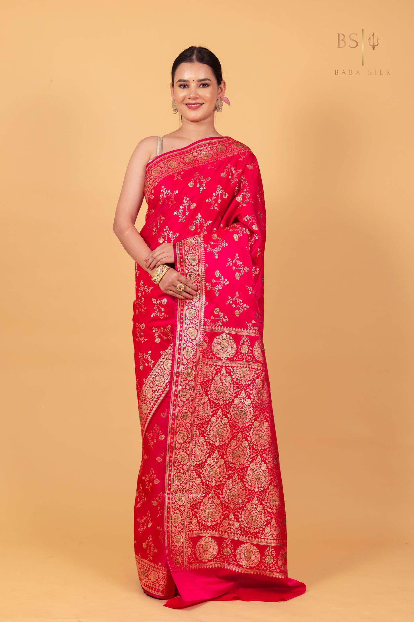 Pink Orange Jaal Banarasi Silk Saree - Baba Silk