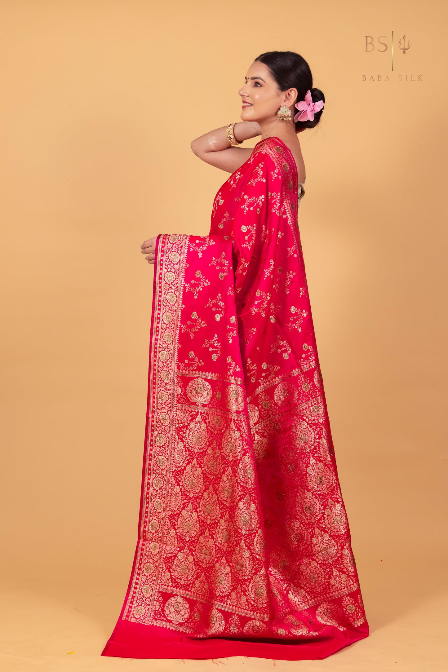 Pink Orange Jaal Banarasi Silk Saree - Baba Silk