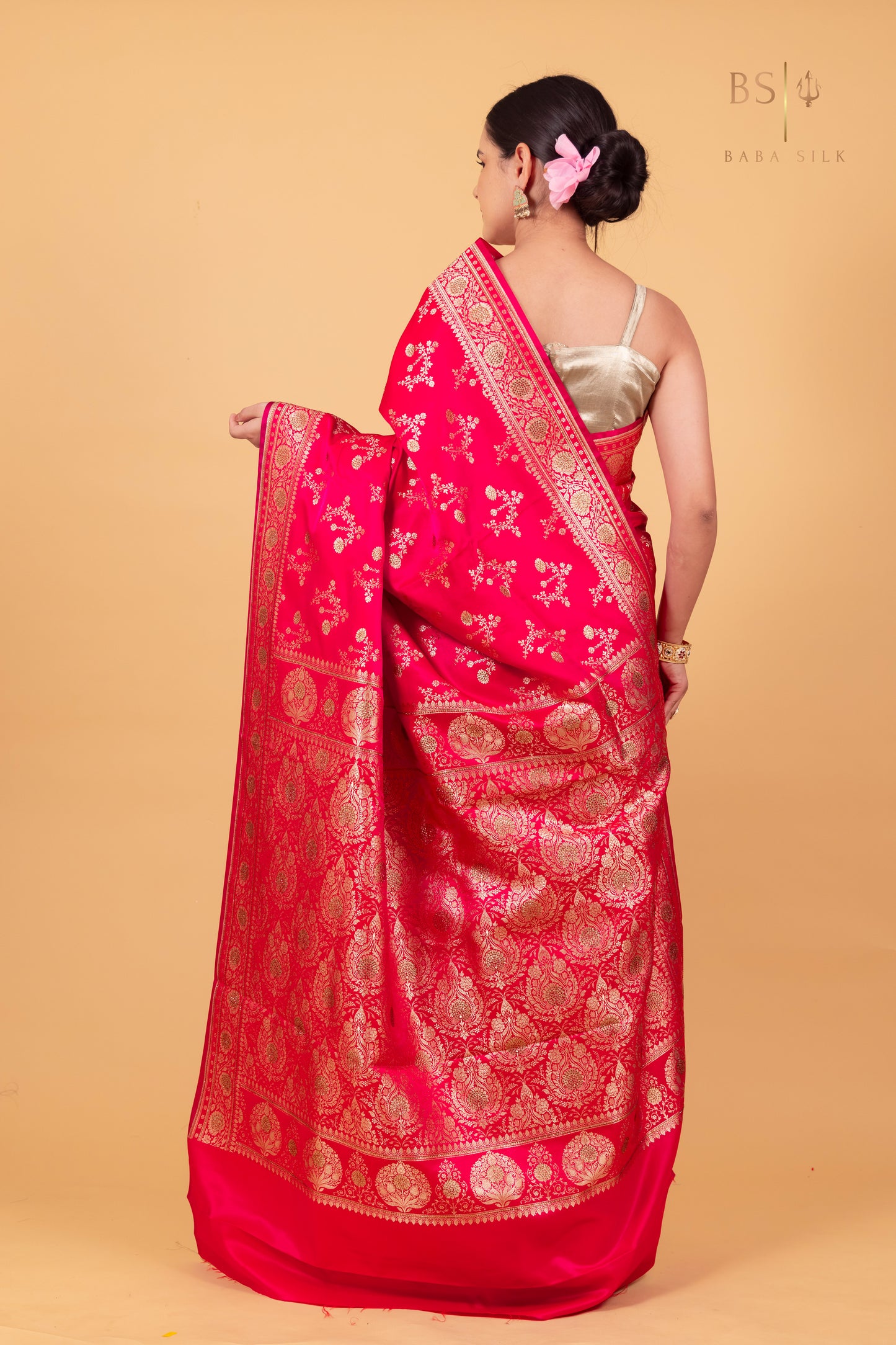 Pink Orange Jaal Banarasi Silk Saree - Baba Silk