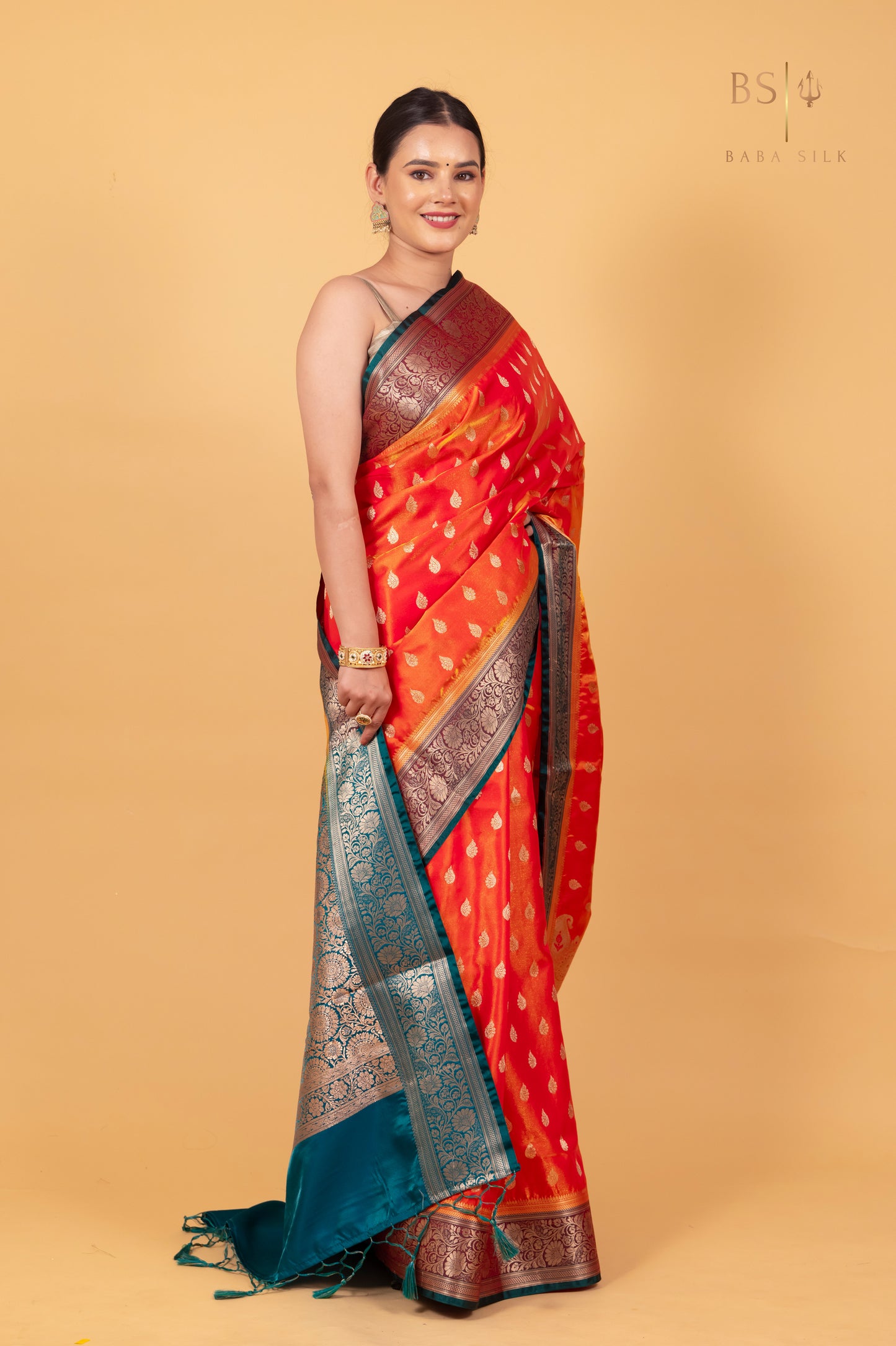 Orange Booti Banarasi Silk Saree