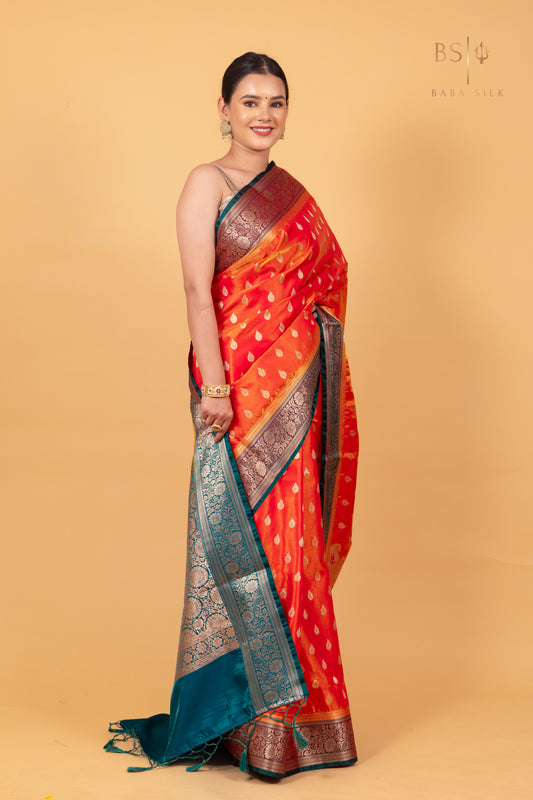 Orange Booti Banarasi Silk Saree - Baba Silk
