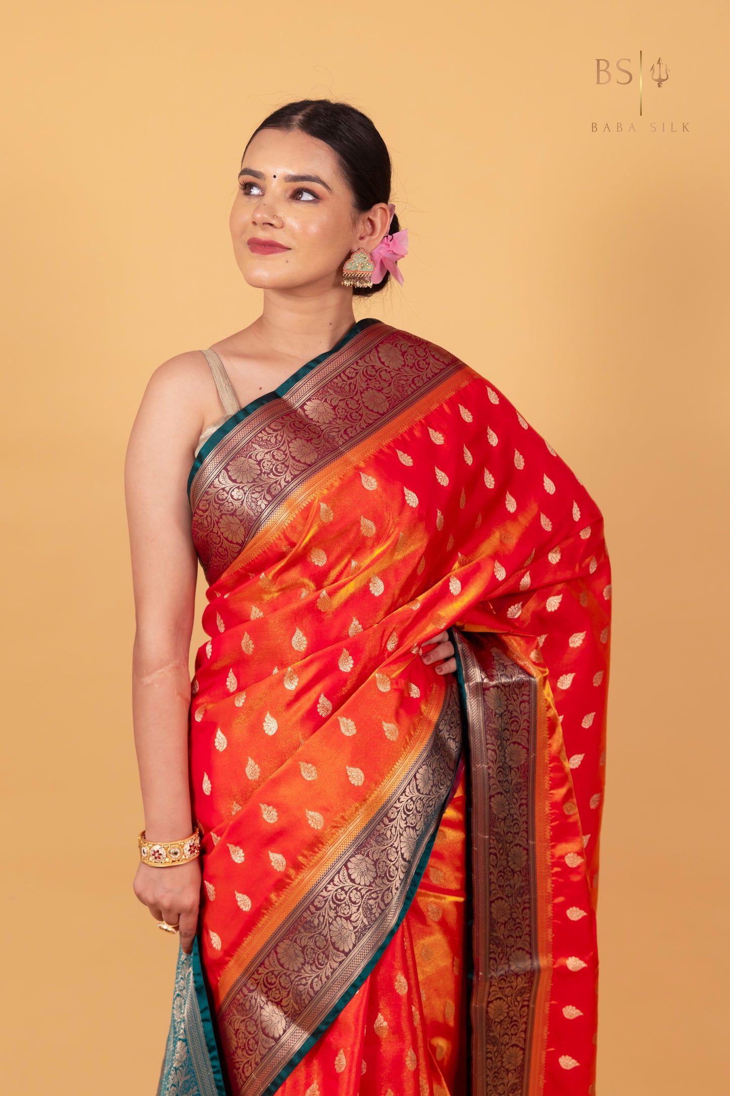 Orange Booti Banarasi Silk Saree