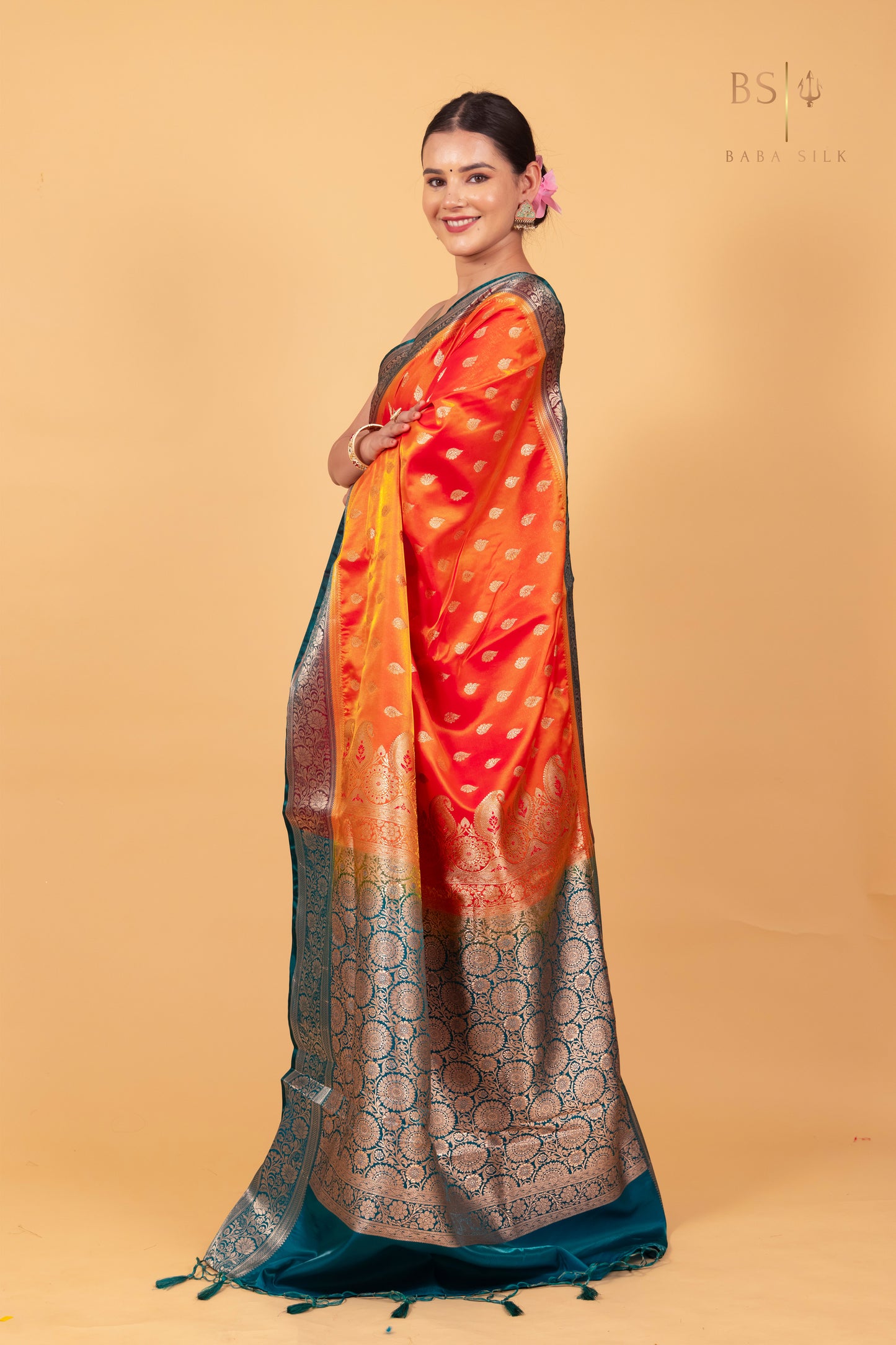Orange Booti Banarasi Silk Saree