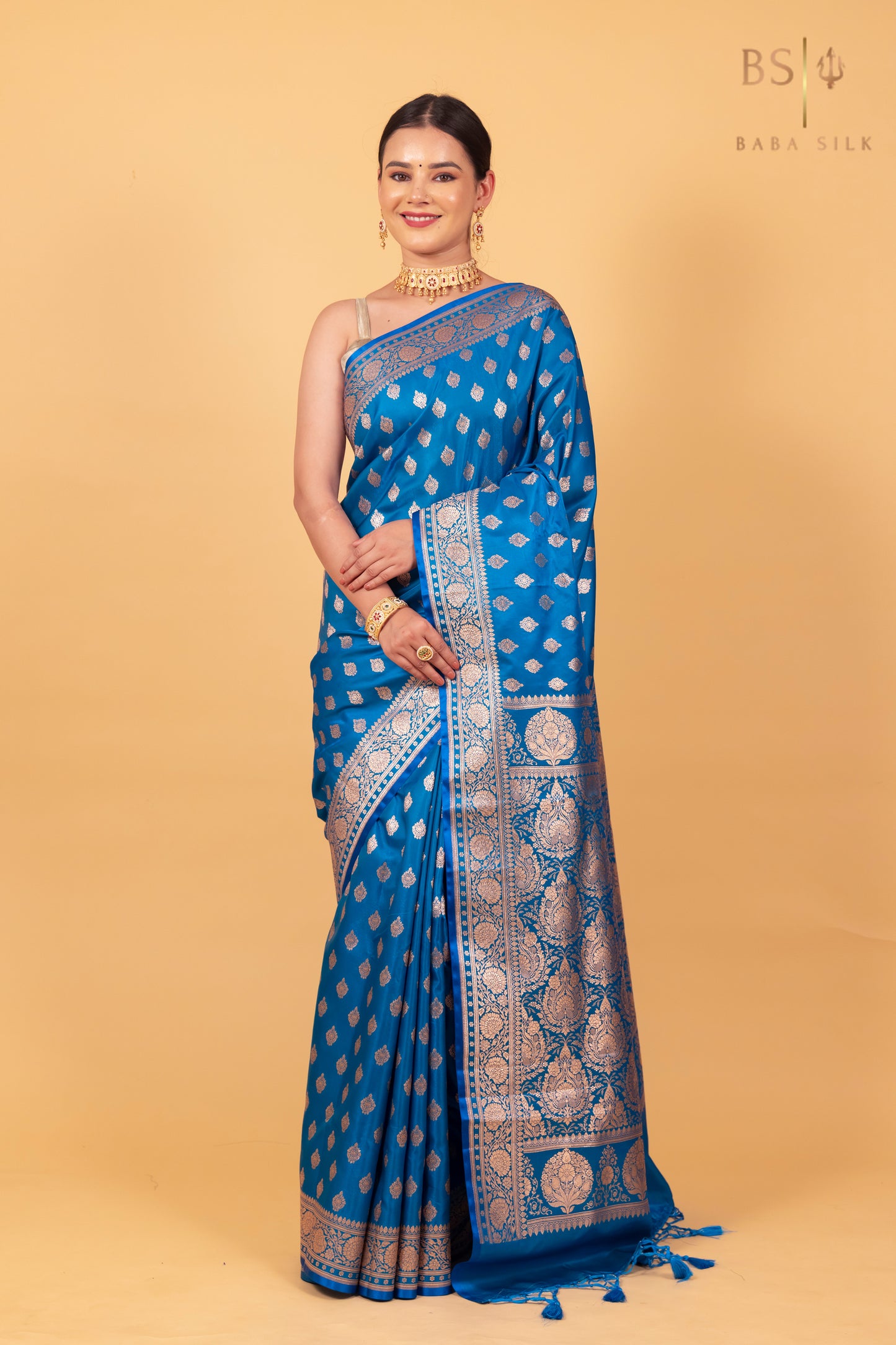 Peacock Blue Booti Banarasi Silk Saree - Baba Silk